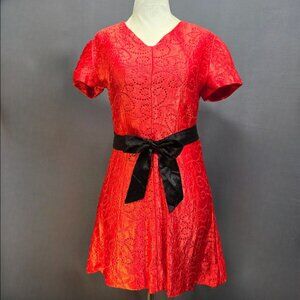 Vintage 60s Mini Party Dress Red Black Ribbon Bow Size XS Mod Coquette Dollette